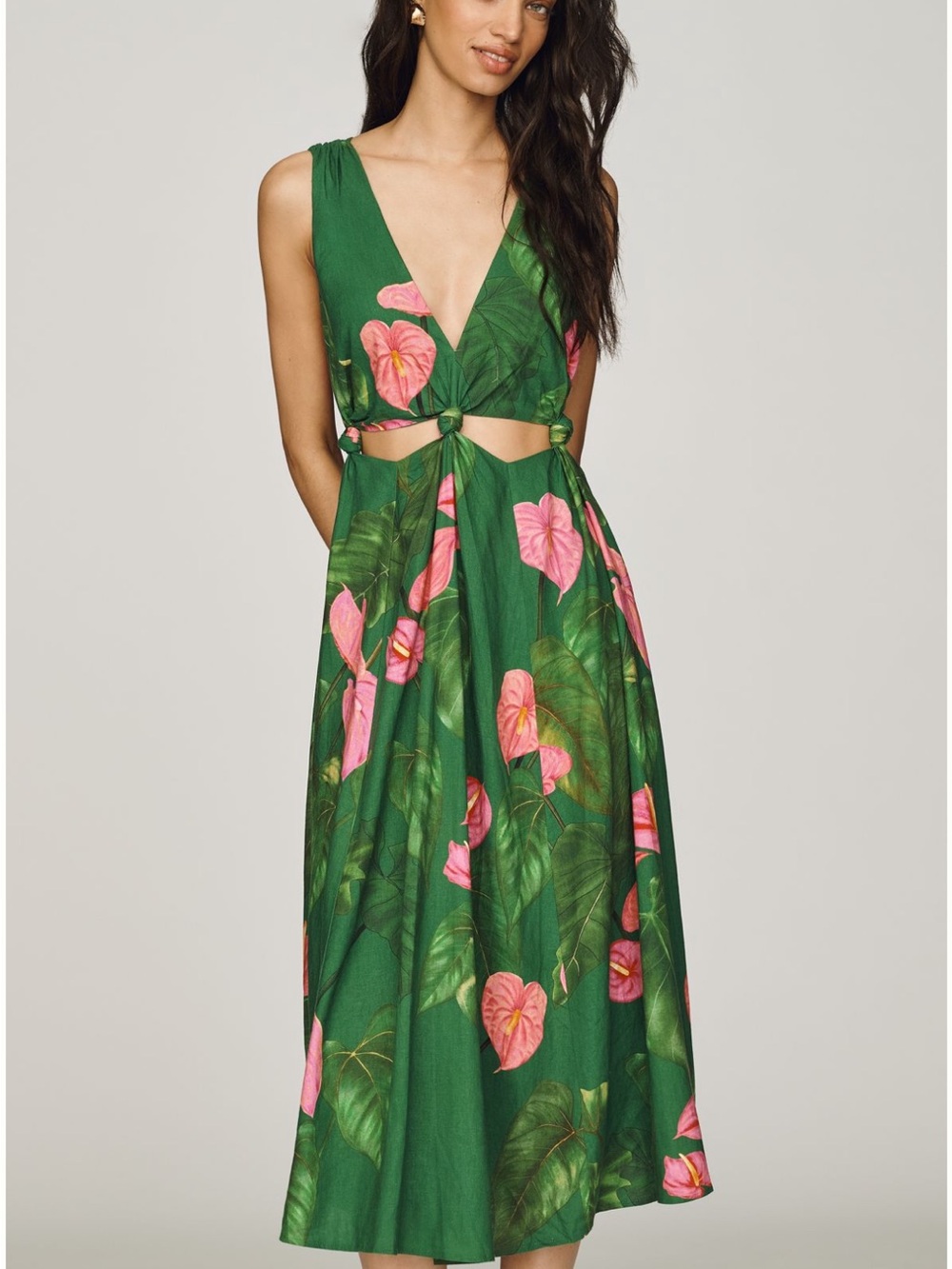 FARM Rio Green Midi Dress with Pink Tropical Flowers